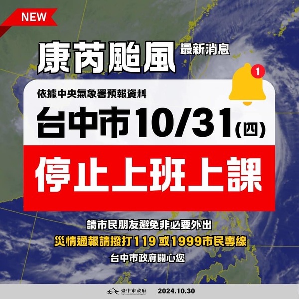 轉知臺中市10/31停止上班上課！！圖片