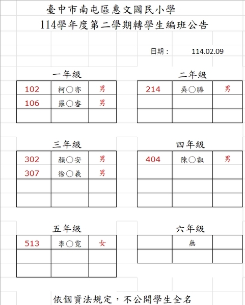 114學年度第二學期轉學生編班公告圖片