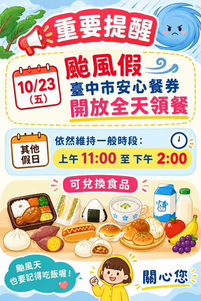 10/23(五)臺中市安心餐券開放全天領餐